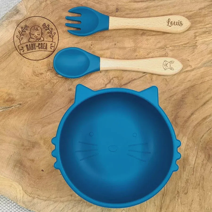 Baby-Crea Coffret repas bébé bol chat bleu marine avec couverts personnalisés