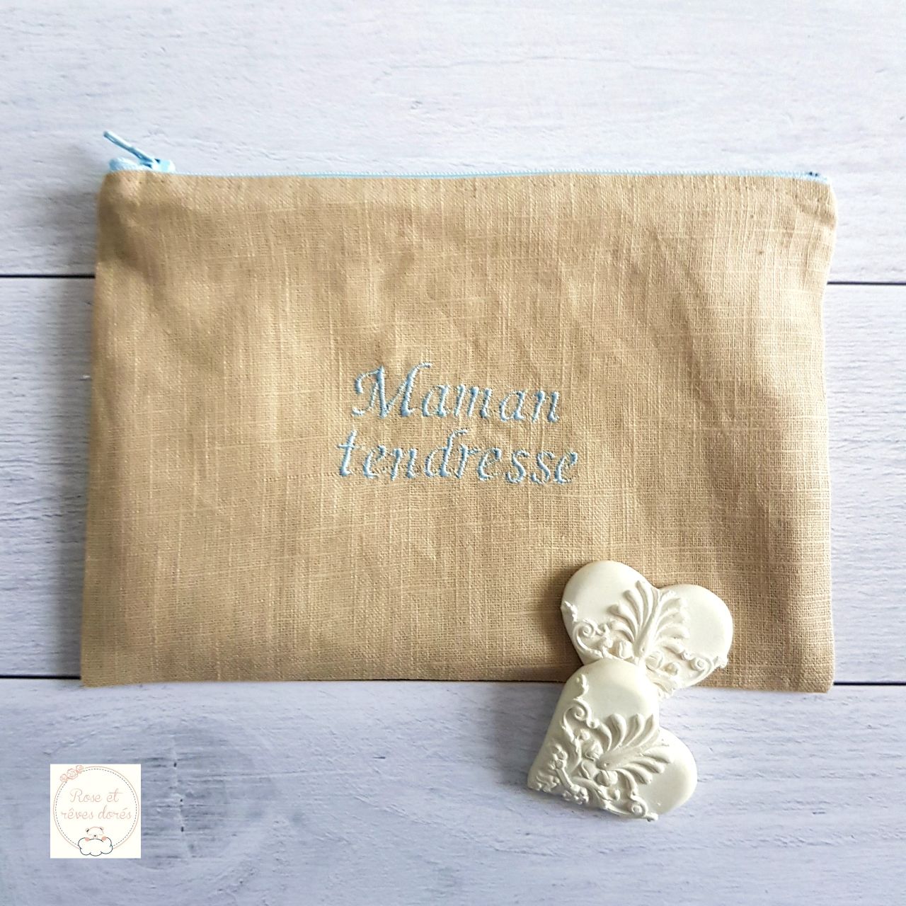 Rose et rêves dorés Pochettes et trousses diverses Maman tendresse pochette 21,2 cm en lin