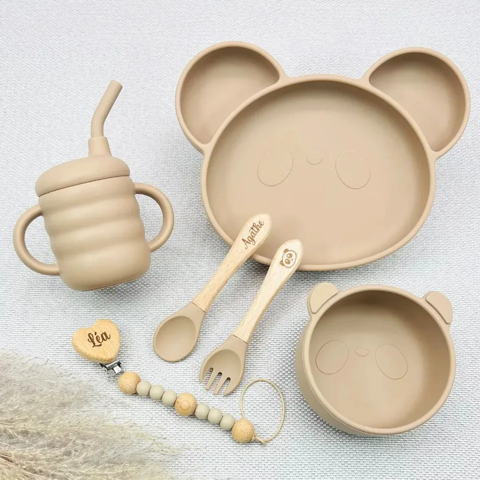 Baby-Crea Coffret repas bébé Panda vert olive personnalisé