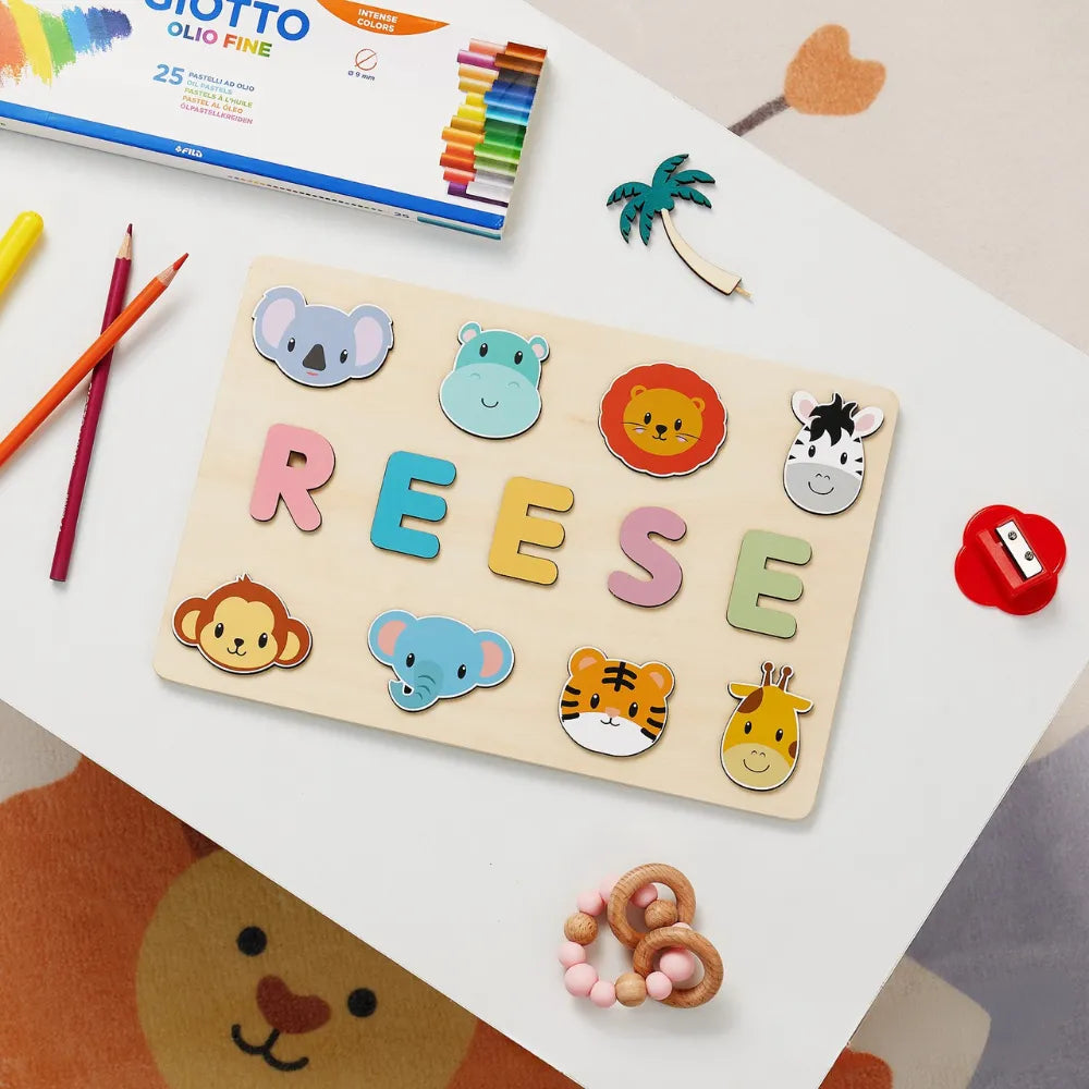 Baby-Crea Puzzle bébé en bois personnalisé puzzle prénom savane dès 12 mois