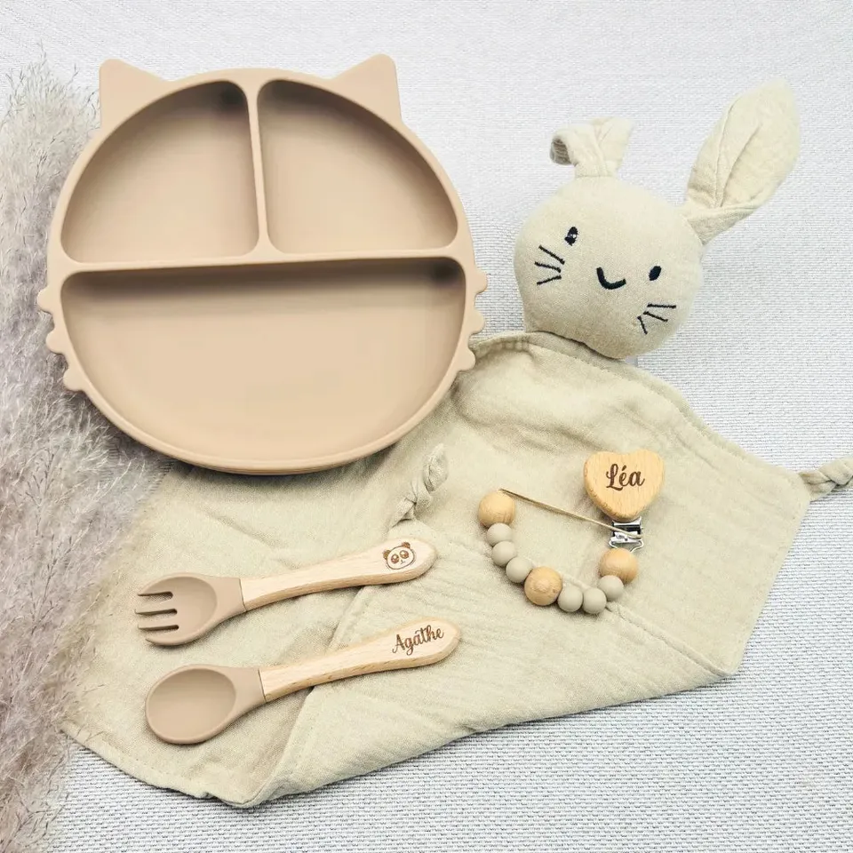 Baby-Crea Coffret repas bébé assiette chat vert olive personnalisé