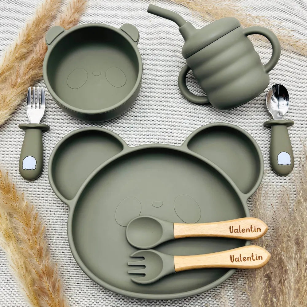 Baby-Crea Coffret repas bébé set repas ours vert olive personnalisé