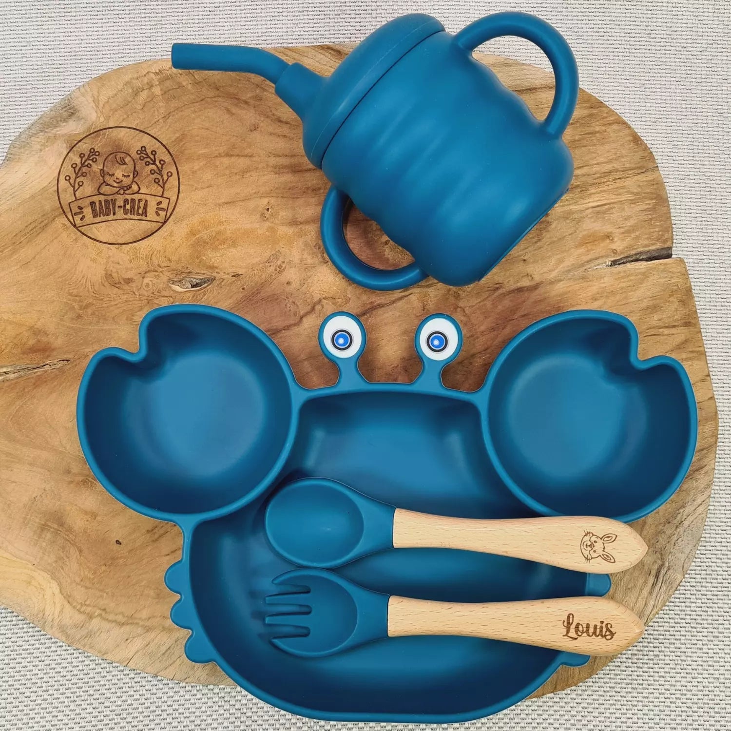 Baby-Crea Coffret repas bébé Assiette Crabe, Tasse & Couverts bleu marine