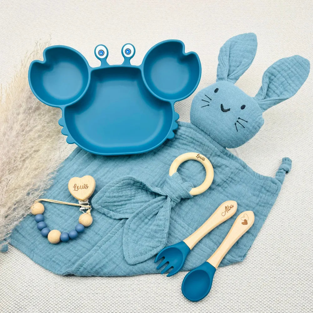 Baby-Crea Coffret repas bébé assiette crabe rouge tomette personnalisé