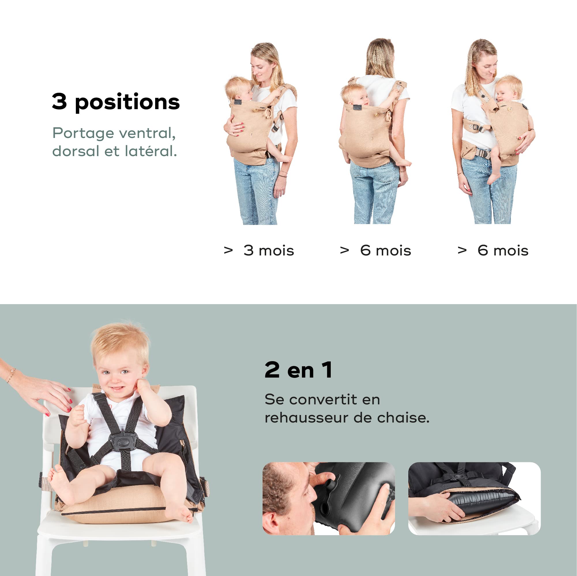 Babymoov Moov & Boost porte-bébé beige évolutif et réhausseur