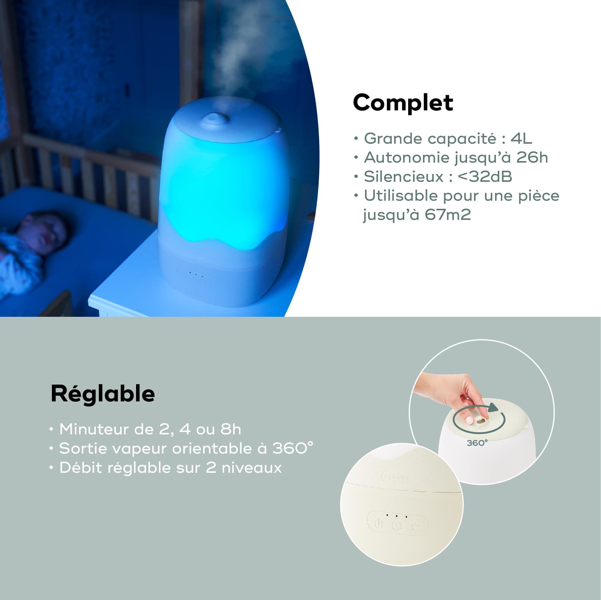 Babymoov YOO Wave humidificateur bébé vapeur froide 4 L, 26 h, silencieux