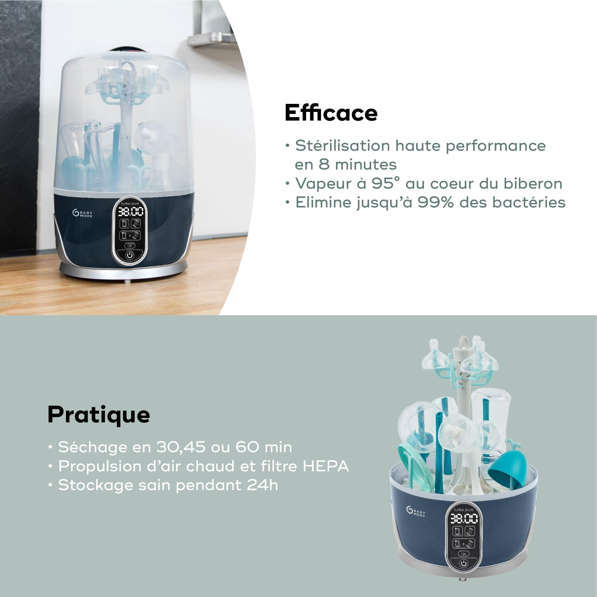 Babymoov Nutribaby Duo Meal Turbo Pure stérilisateur et sèche-biberon 5 en 1