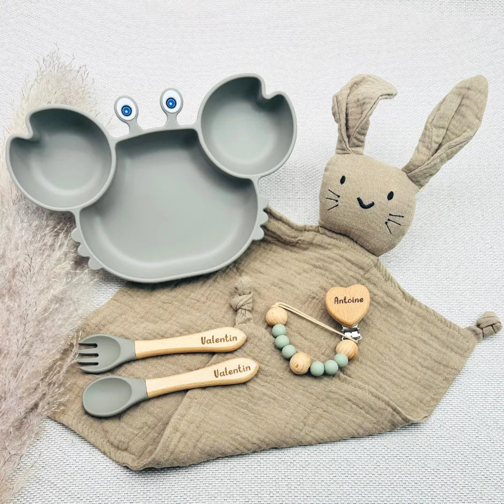 Baby-Crea Coffret repas bébé assiette crabe vert olive personnalisé