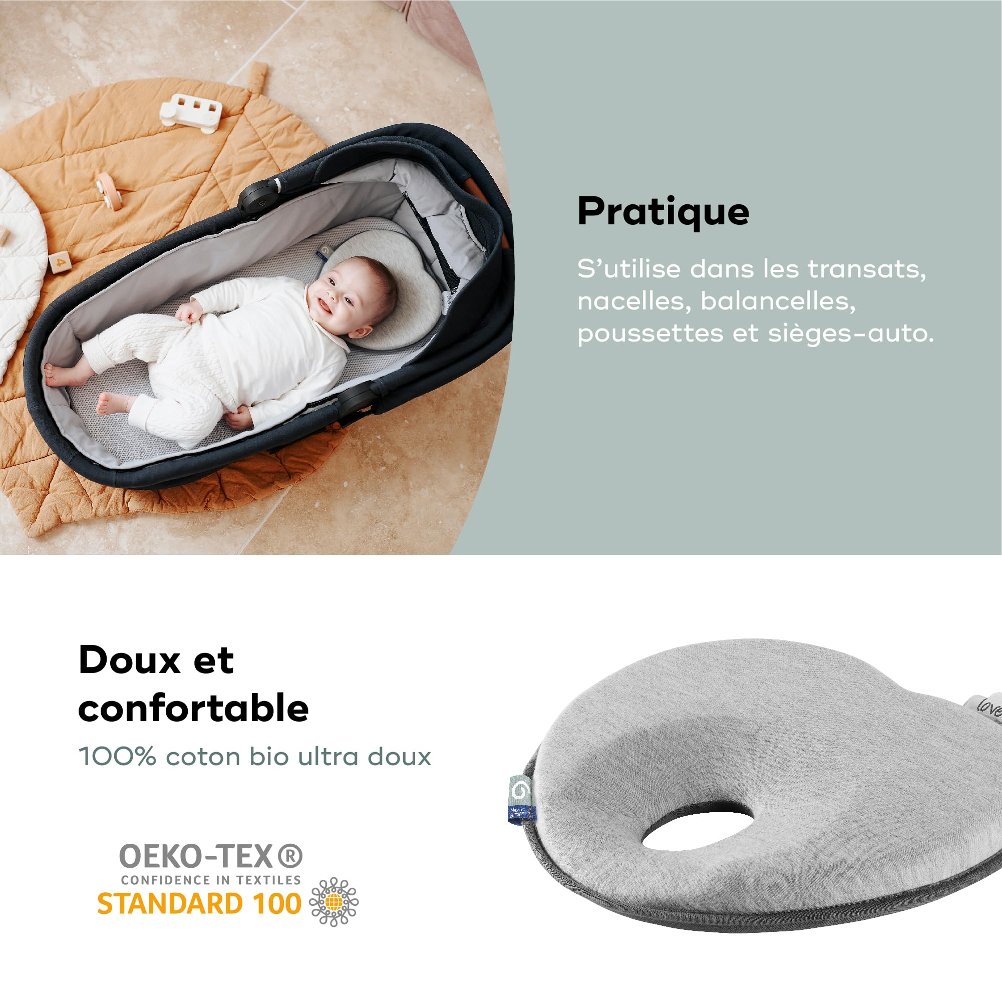 Babymoov Swoon Lovenest Original support de tête Smokey, coton bio