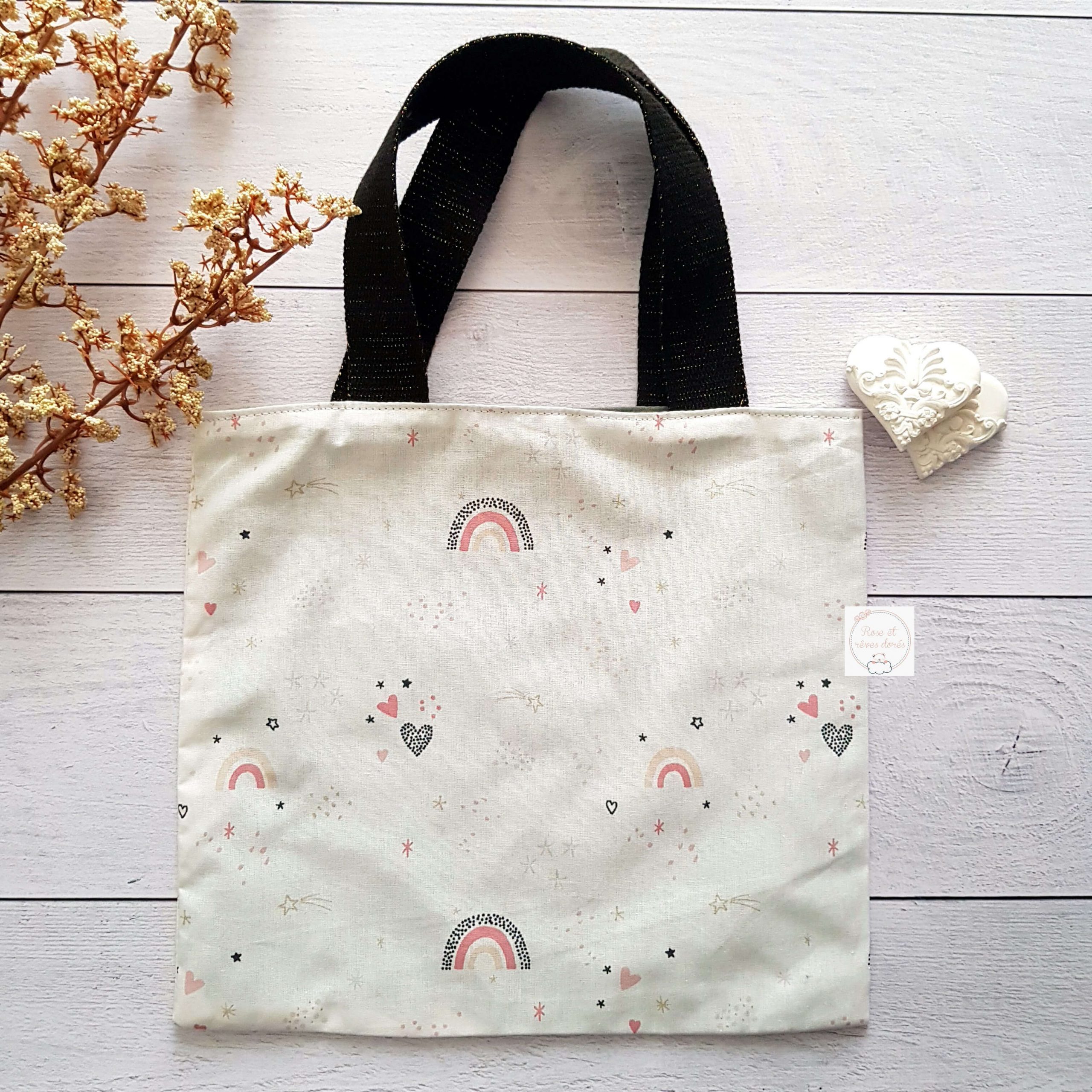 Rose et rêves dorés Sacs divers P’tit tote bag enfant réversible Arc en ciel rosés 23,5 cm coton