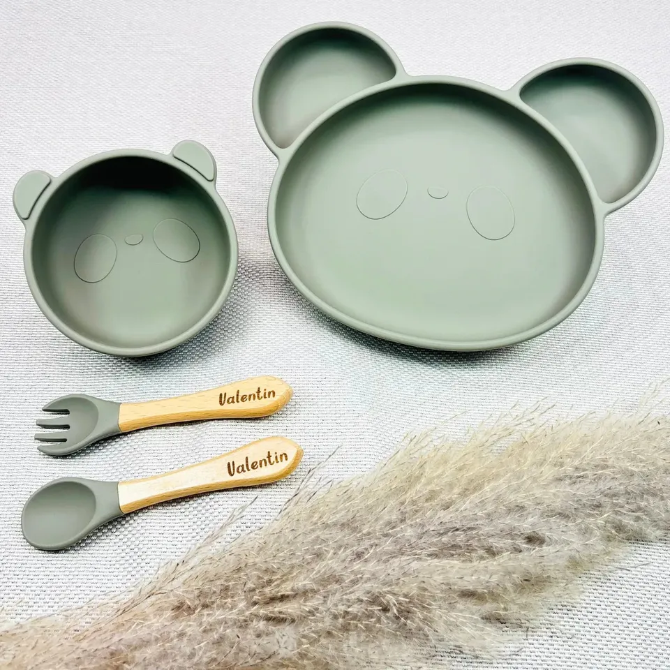Baby-Crea Coffret repas bébé assiette panda bol panda bleu marine personnalisé