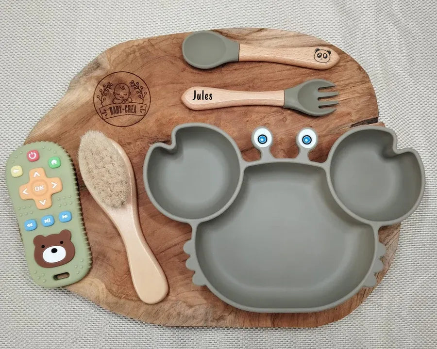 Baby-Crea Coffret naissance personnalisé assiette crabe Bleu marine