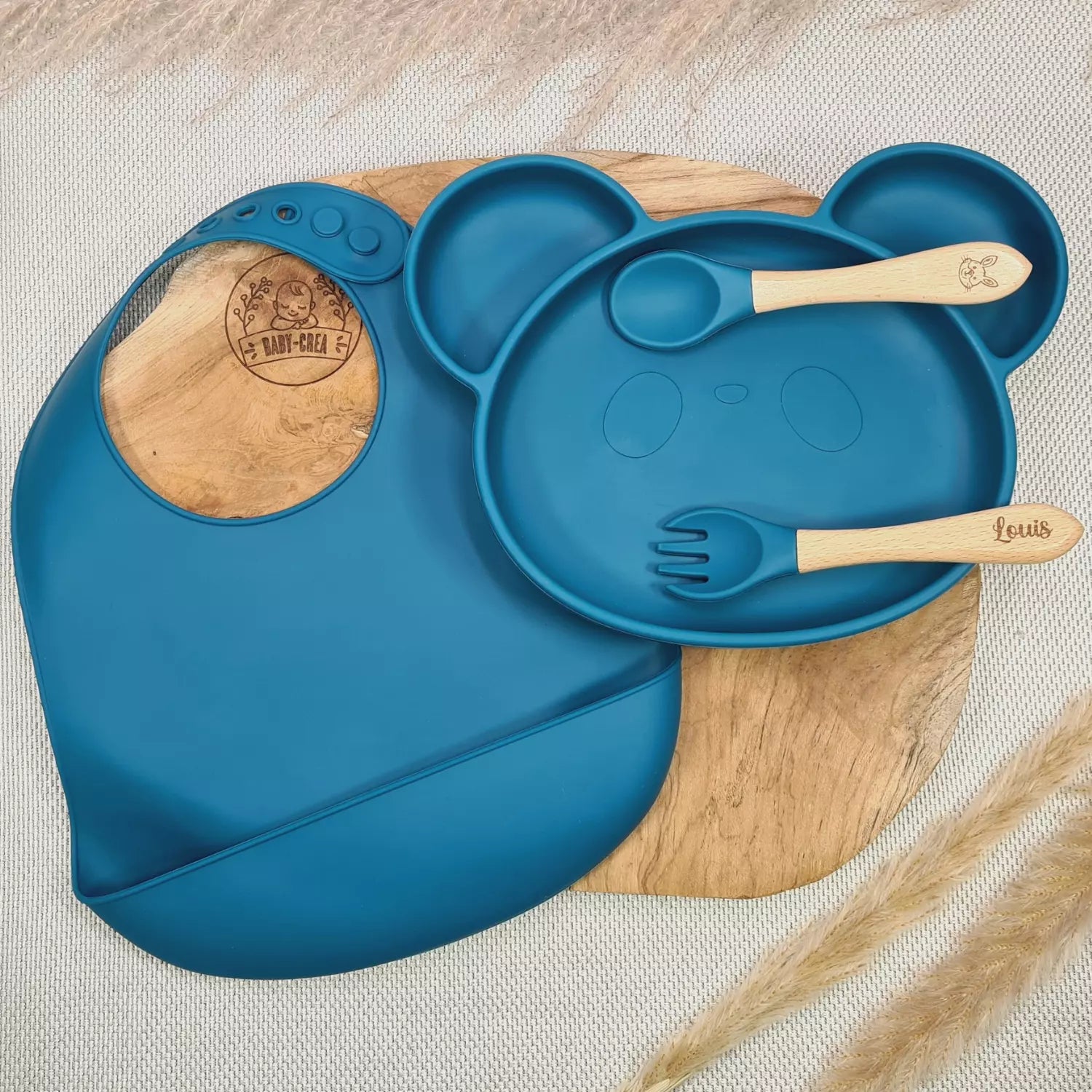 Baby-Crea Coffret repas bébé Assiette Panda personnalisé vert olive