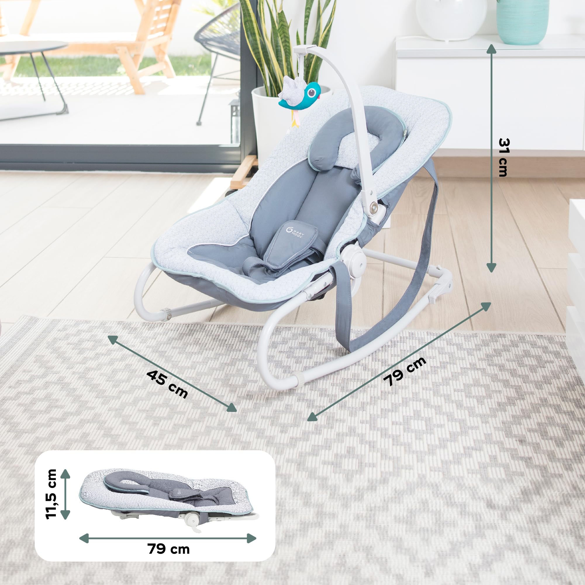 Babymoov Swoon Graphik transat bébé bleu fixe balancelle