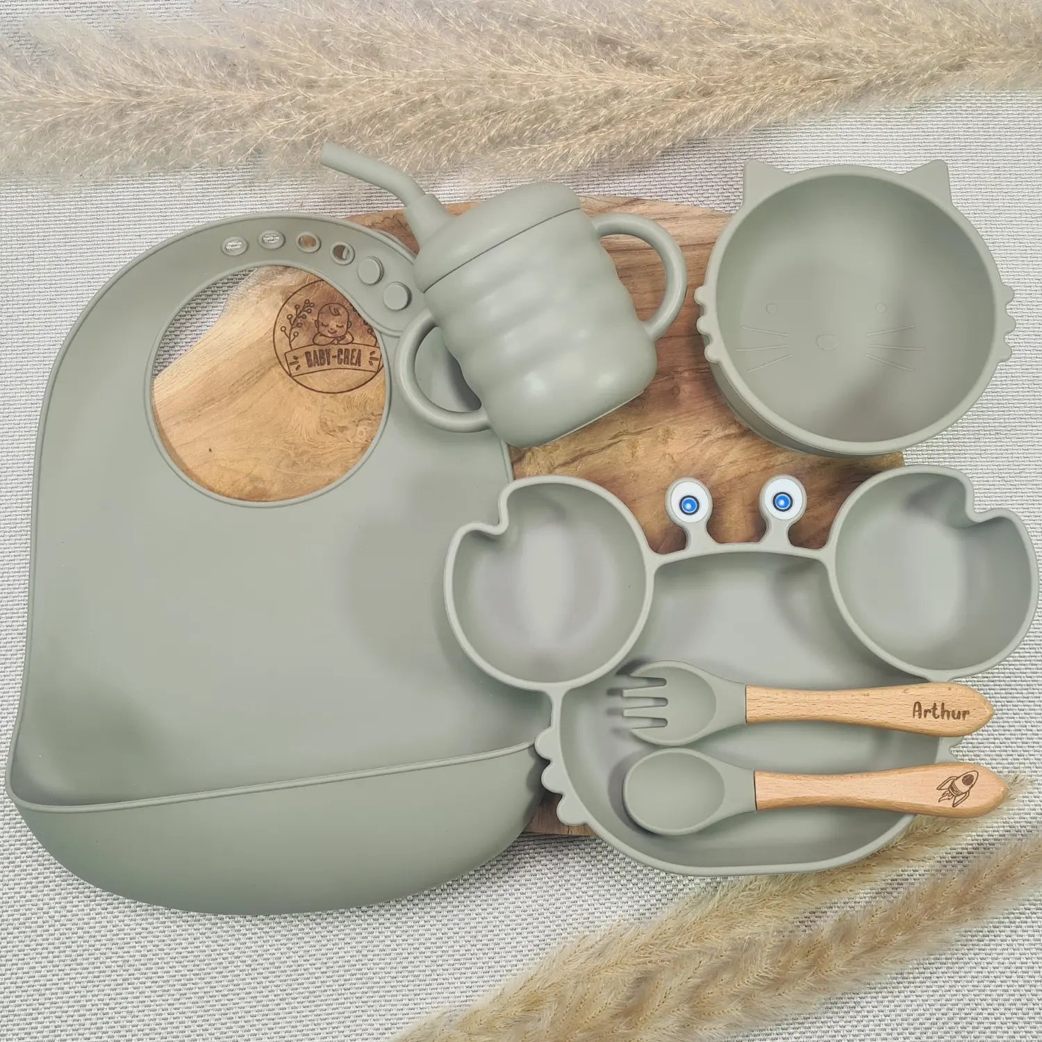 Baby-Crea Coffret repas bébé Crabe & Panda bleu marine personnalisé
