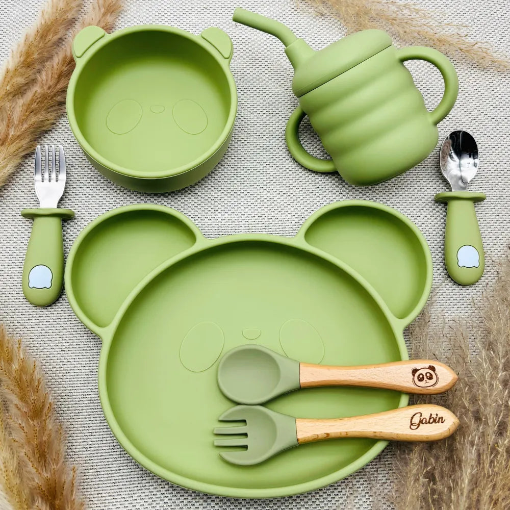 Baby-Crea Coffret repas bébé set repas ours vert olive personnalisé