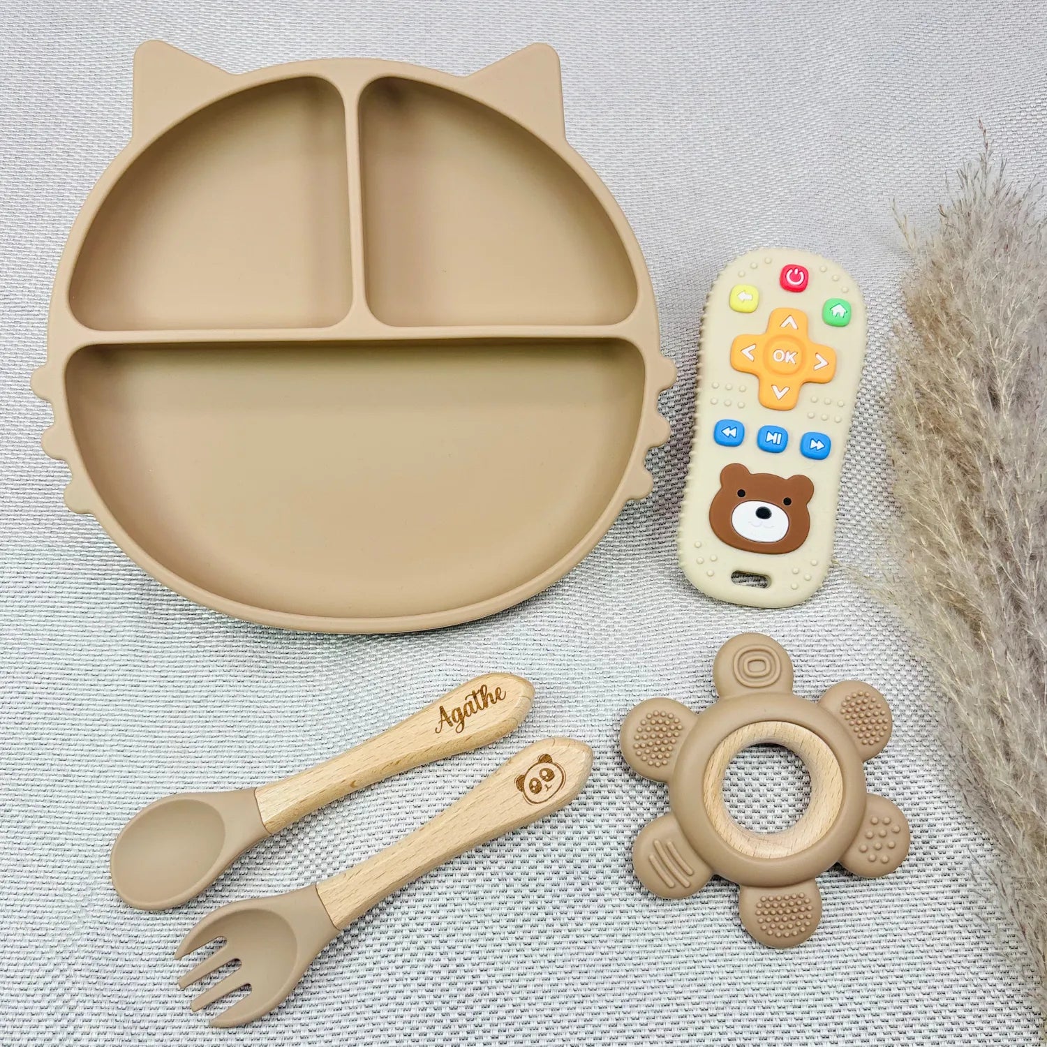 Baby-Crea Coffret repas bébé assiette silicone vert olive personnalisé