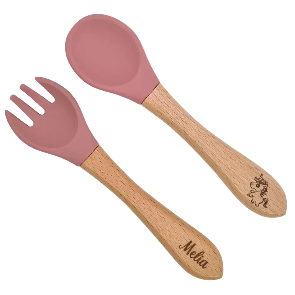 Baby-Crea Vaisselle Bébé couverts personnalisés bois et silicone Rouge tomette