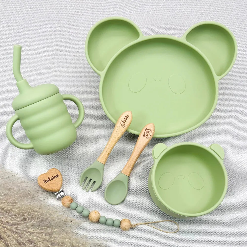 Baby-Crea Coffret repas bébé Panda vert olive personnalisé
