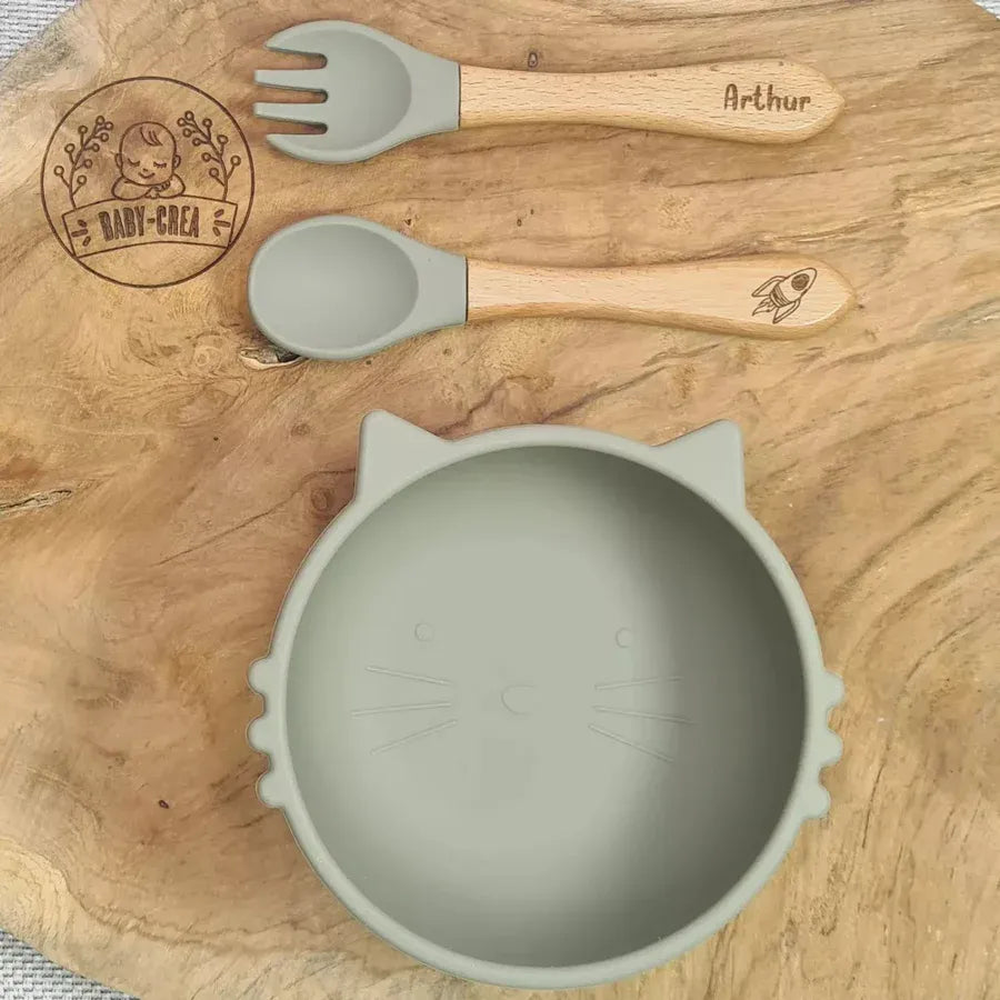Baby-Crea Coffret repas bébé bol chat bleu marine avec couverts personnalisés