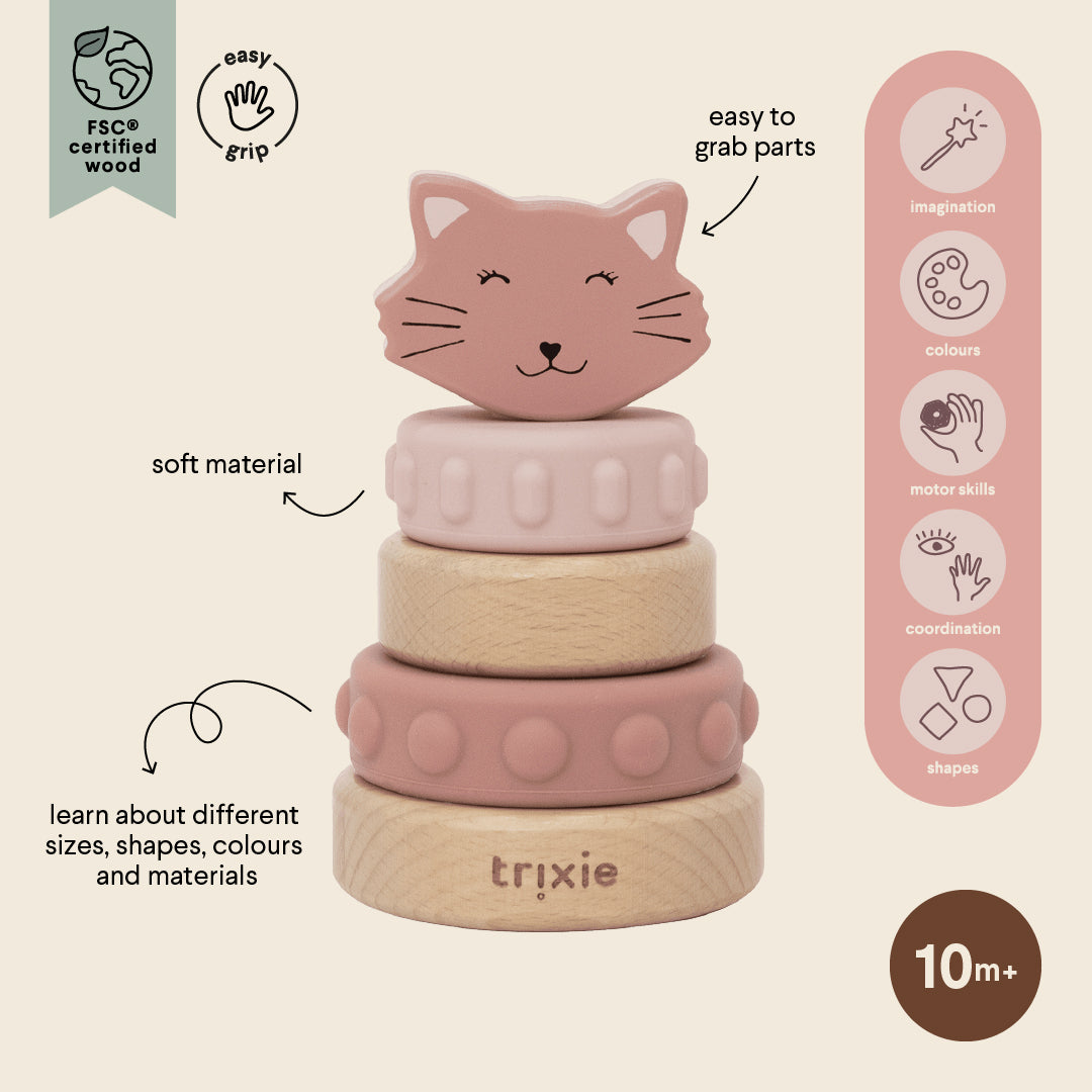 Trixie Baby Jouets à empiler Tour à empiler Mrs. Cat bois et silicone