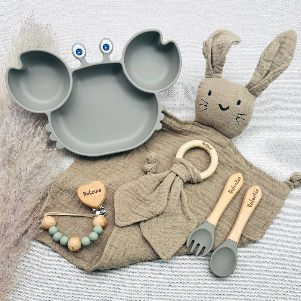 Baby-Crea Coffret repas bébé assiette crabe rouge tomette personnalisé