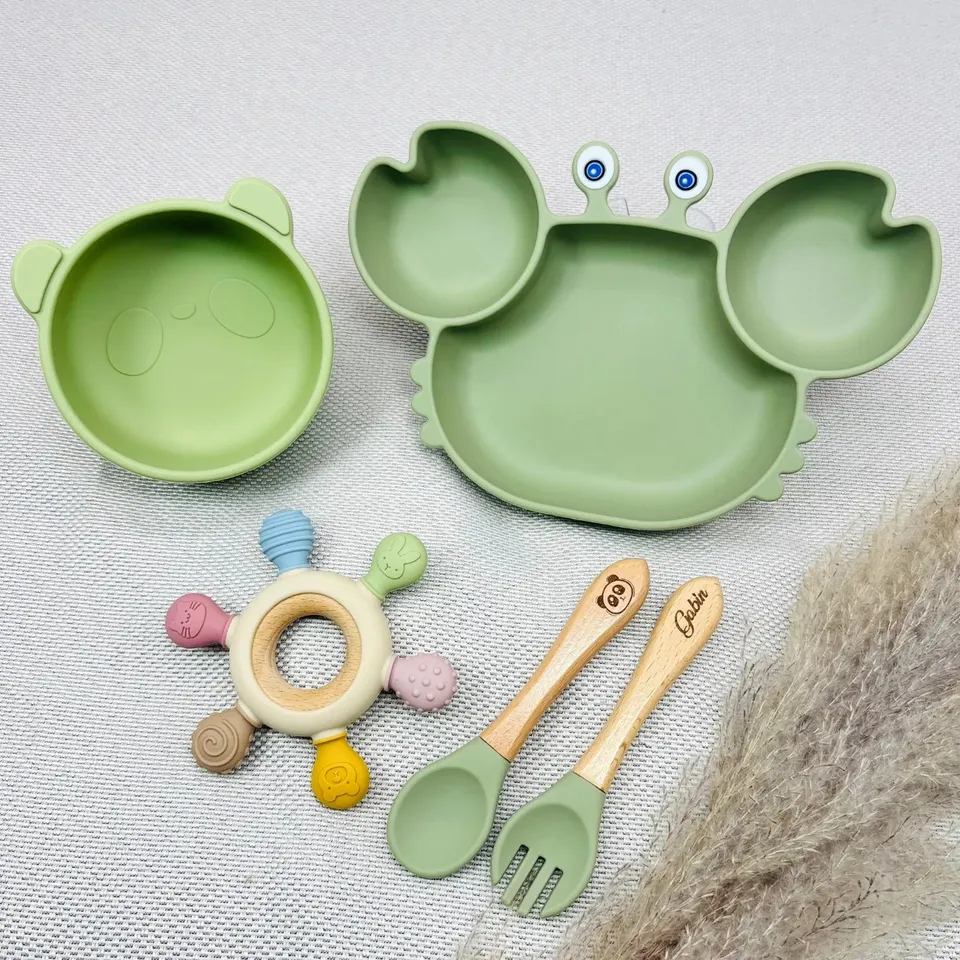 Baby-Crea Coffret repas bébé Coffret Repas Bebe Crabe Personnalise vert olive silicone