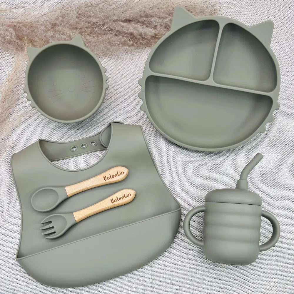 Baby-Crea Coffret repas bébé Assiette Chat personnalisé bleu marine