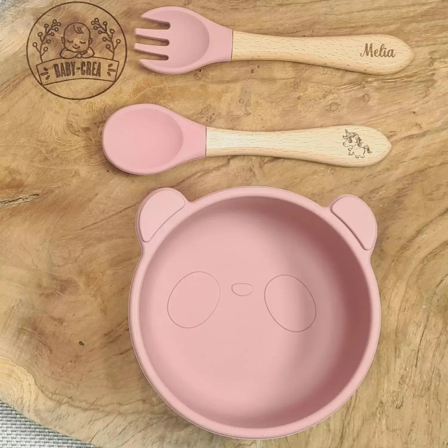 Baby-Crea Vaisselle Bébé Bol Panda à ventouse et couverts vert olive