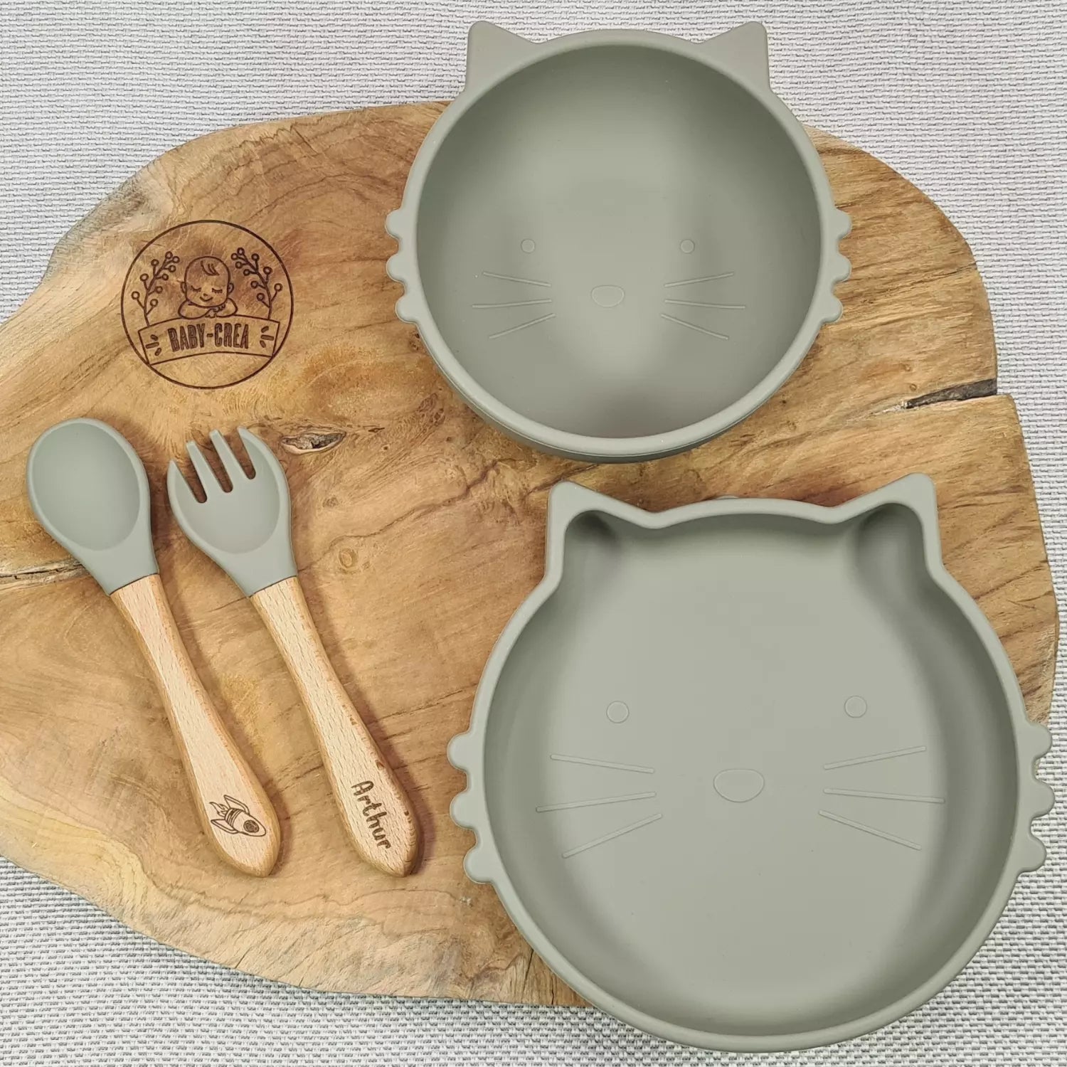 Baby-Crea Coffret repas bébé Chat bleu marine personnalisé