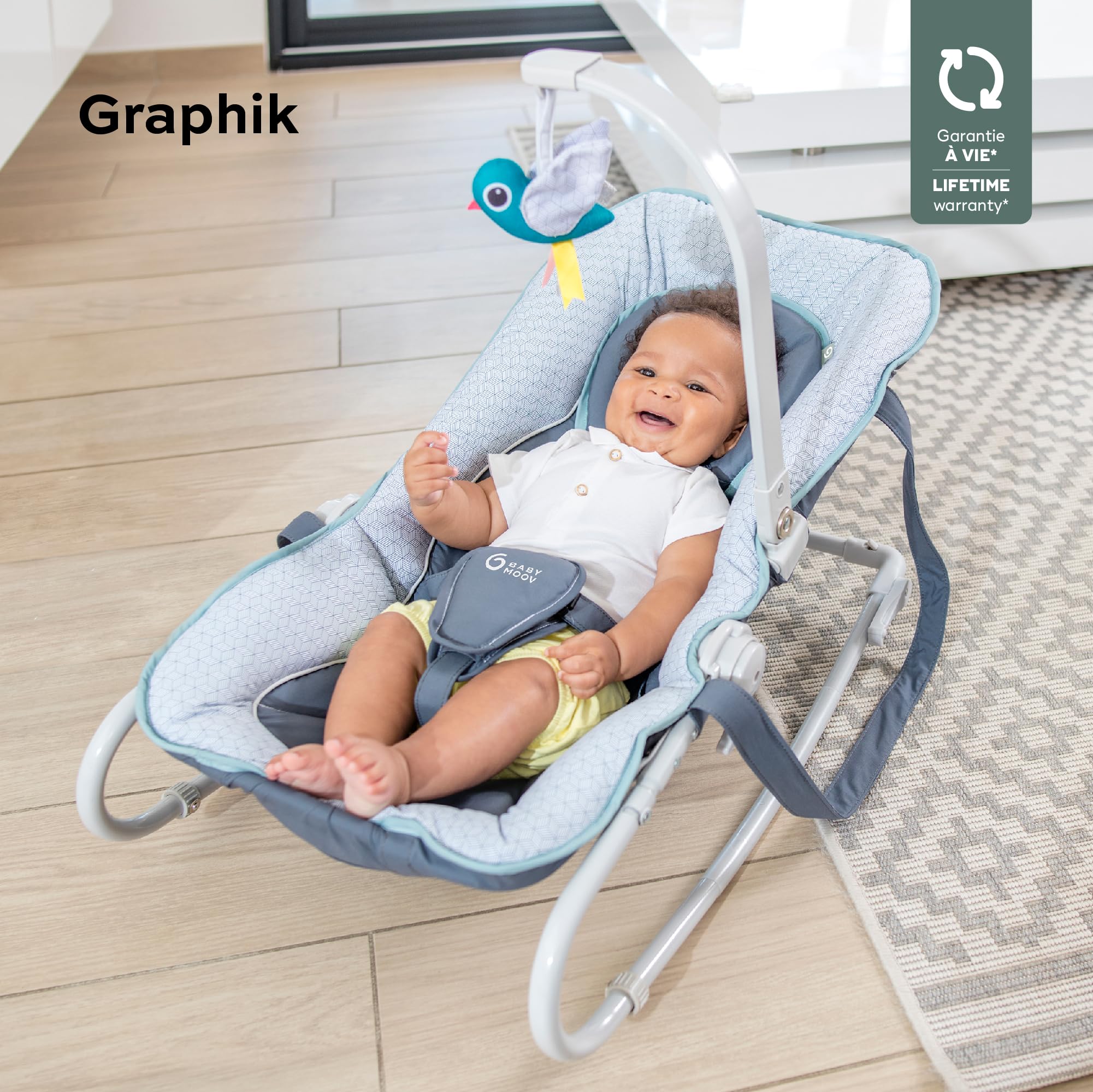 Babymoov Swoon Graphik transat bébé bleu fixe balancelle