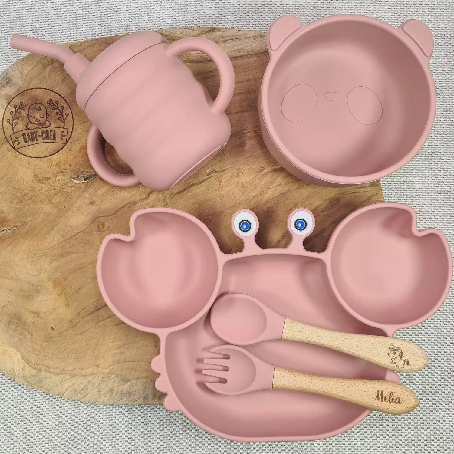 Baby-Crea Coffret repas bébé Modèle Crabe set repas vert olive personnalisé
