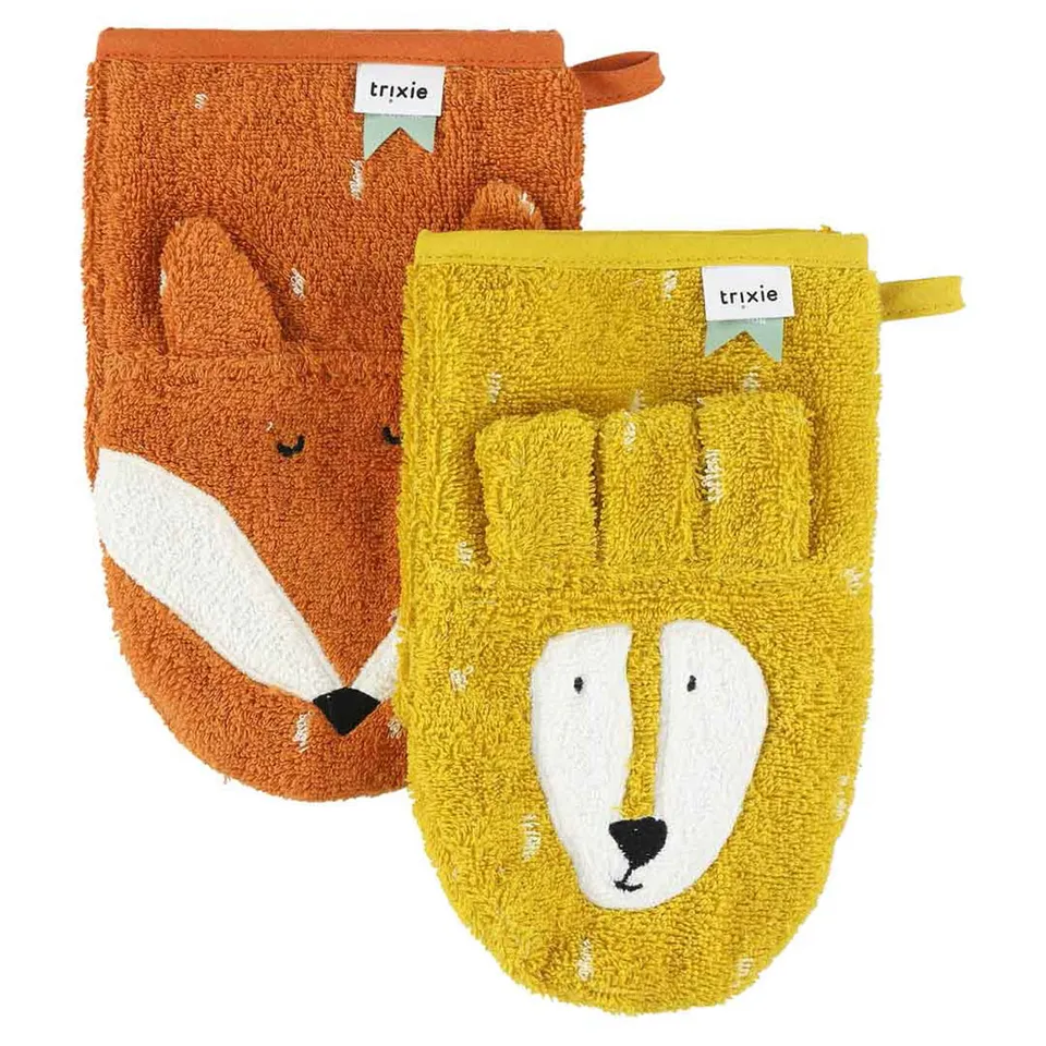 Trixie Baby Gants de toilette Gant 2-pack Mr. Lion Mr. Fox en coton biologique