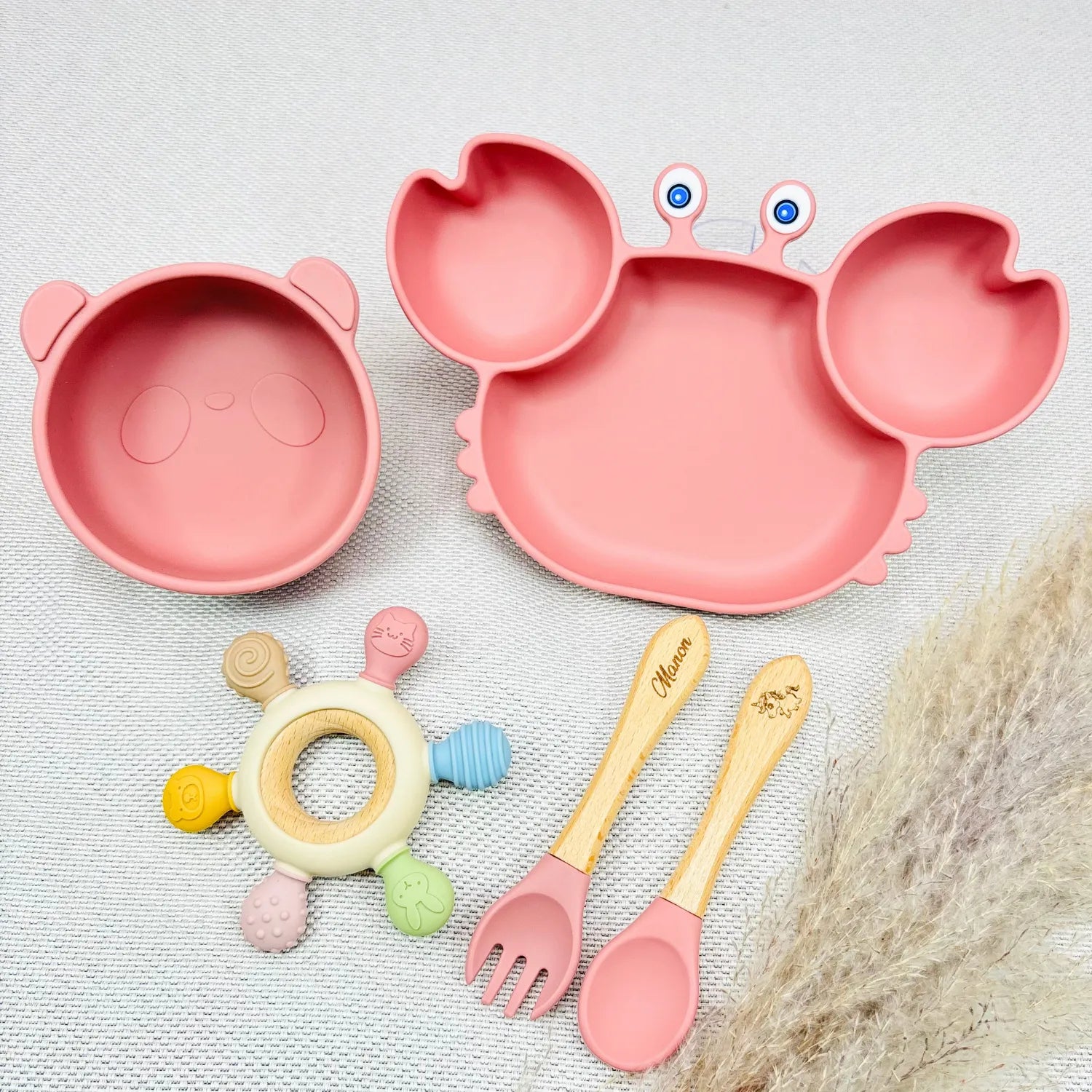 Baby-Crea Coffret repas bébé Coffret Repas Bebe Crabe Personnalise vert olive silicone