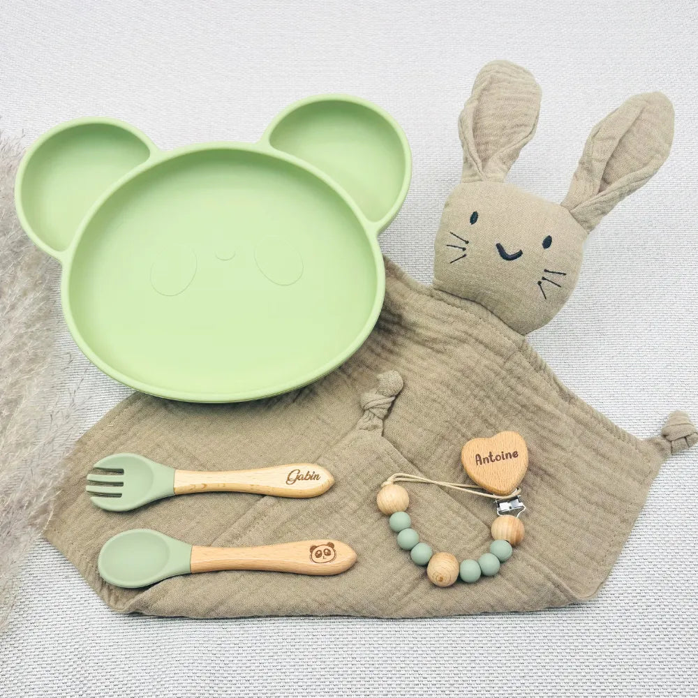 Baby-Crea Coffret repas bébé Ourson vert olive personnalisé