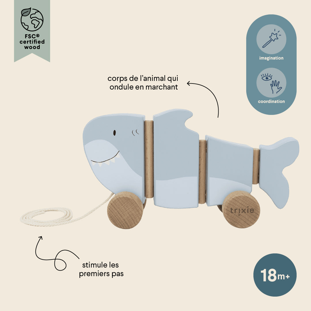 Trixie Baby Jouets à pousser et à tirer Mr. Shark jouet à tirer en bois
