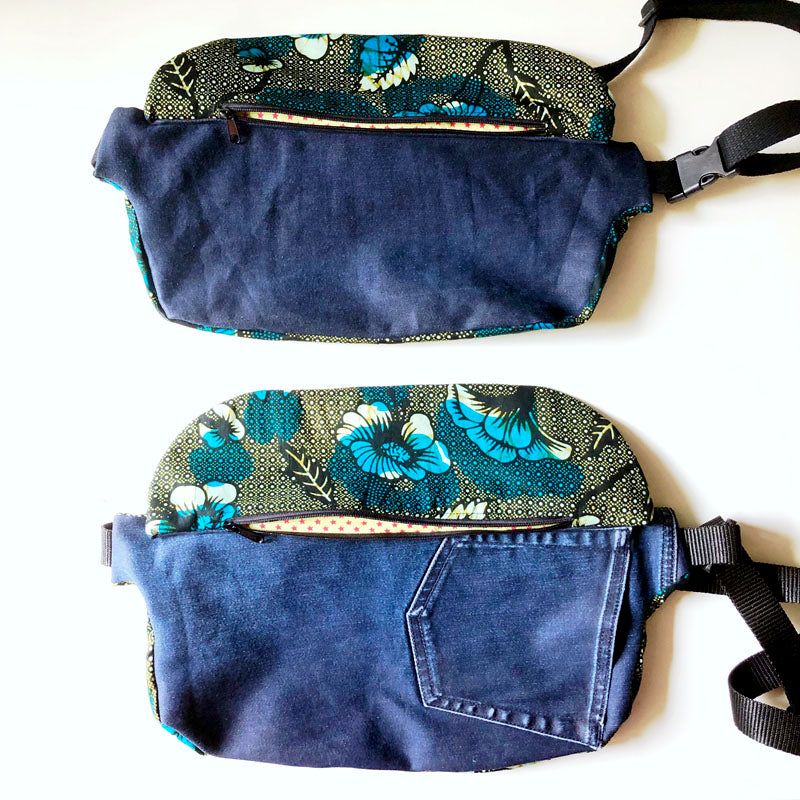 Piolou Le Sac Banane La banane wax fleurs bleues sac banane PM