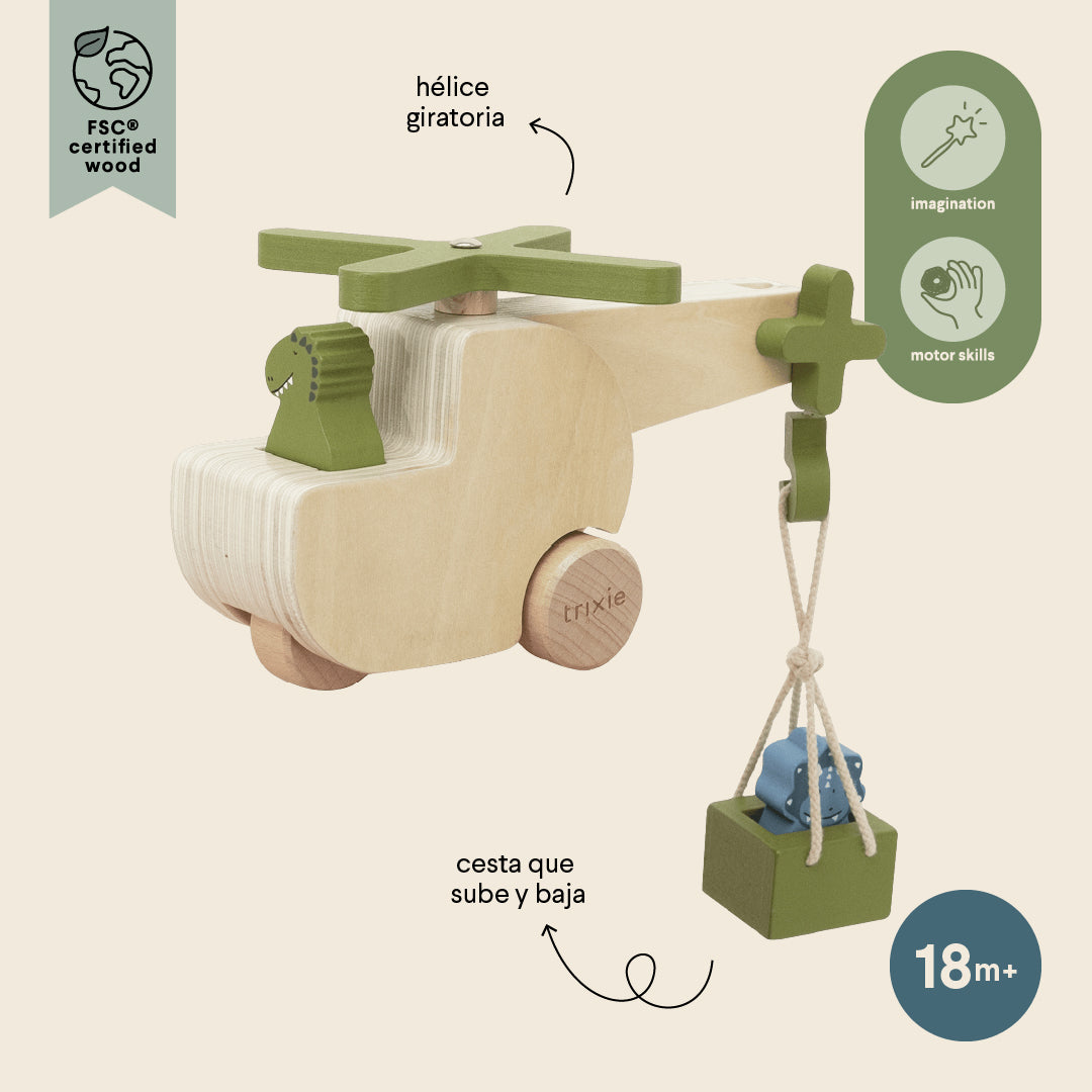 Trixie Baby Jouets à pousser et à tirer Hélicoptère d’animaux en bois FSC