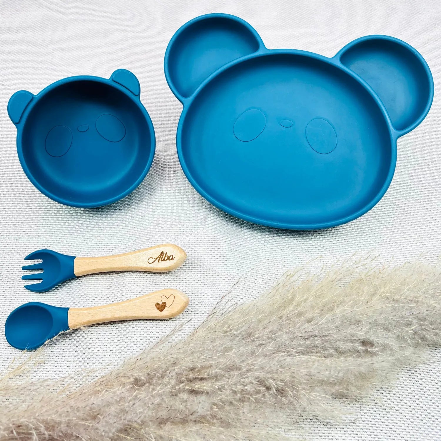 Baby-Crea Coffret repas bébé assiette panda bol panda bleu marine personnalisé