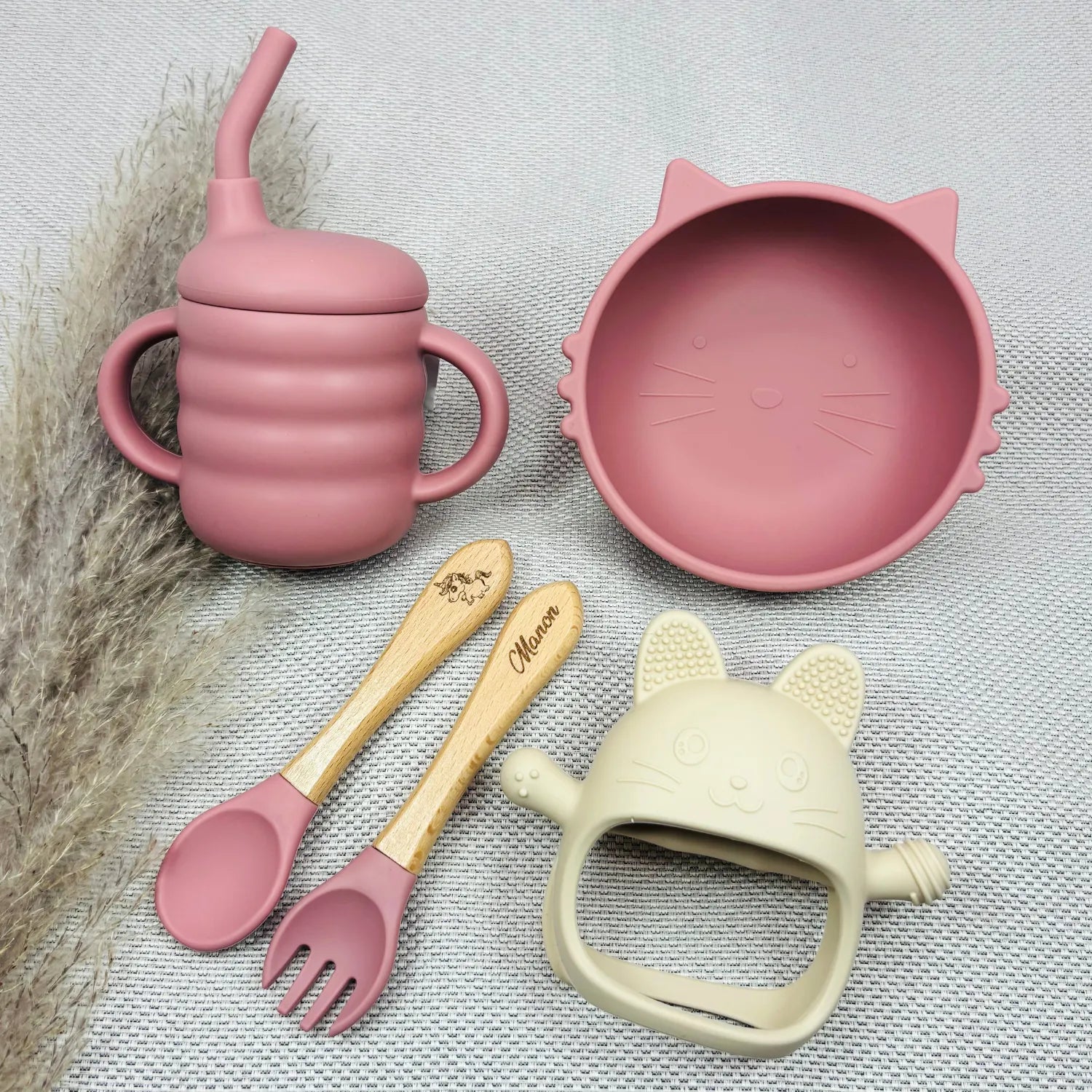 Baby-Crea Coffret repas bébé set repas chat personnalisé vert olive silicone