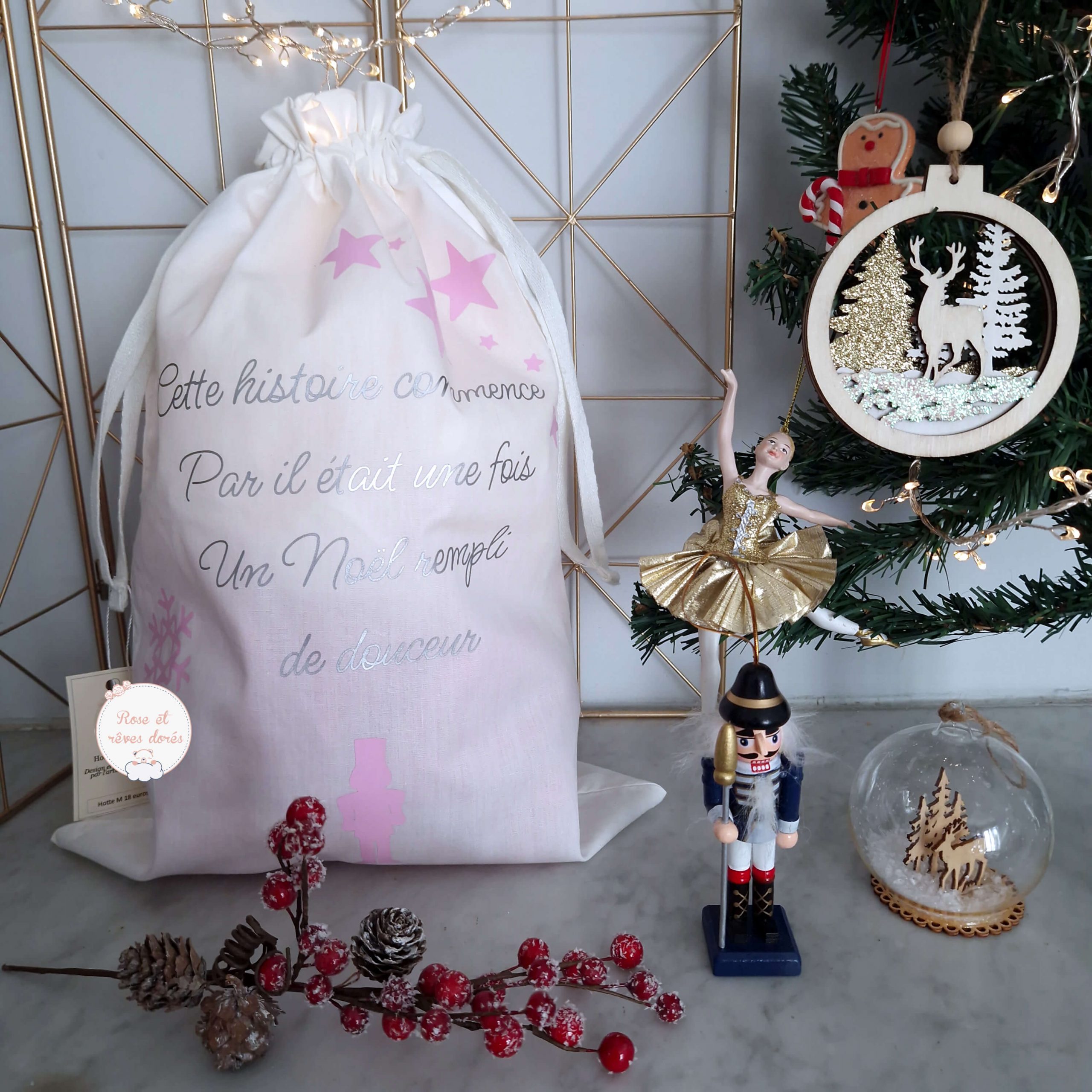 Rose et rêves dorés Noël hotte de Noël personnalisable pour cadeaux