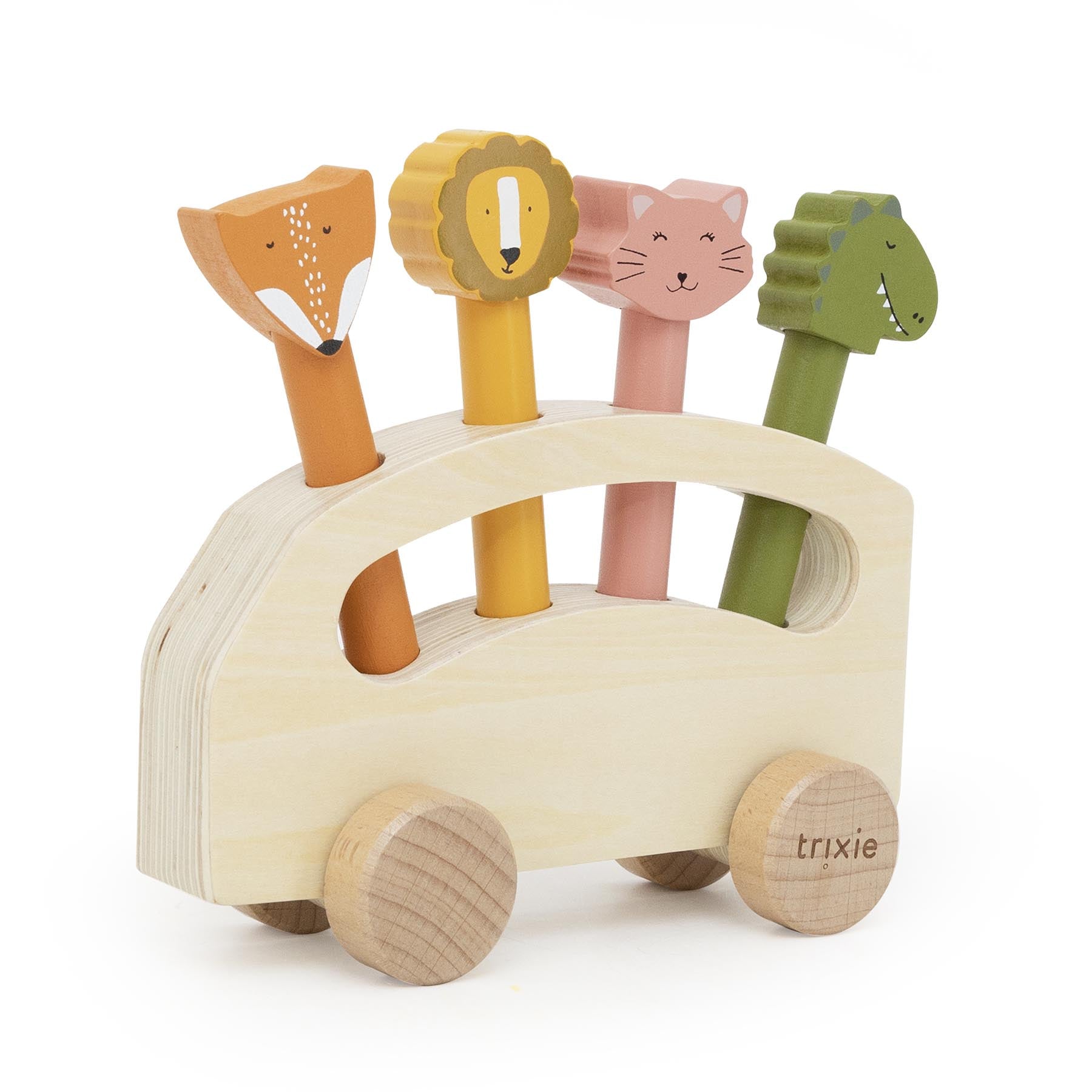 Trixie Baby Jouets à roulettes bus en bois avec animaux pop-up