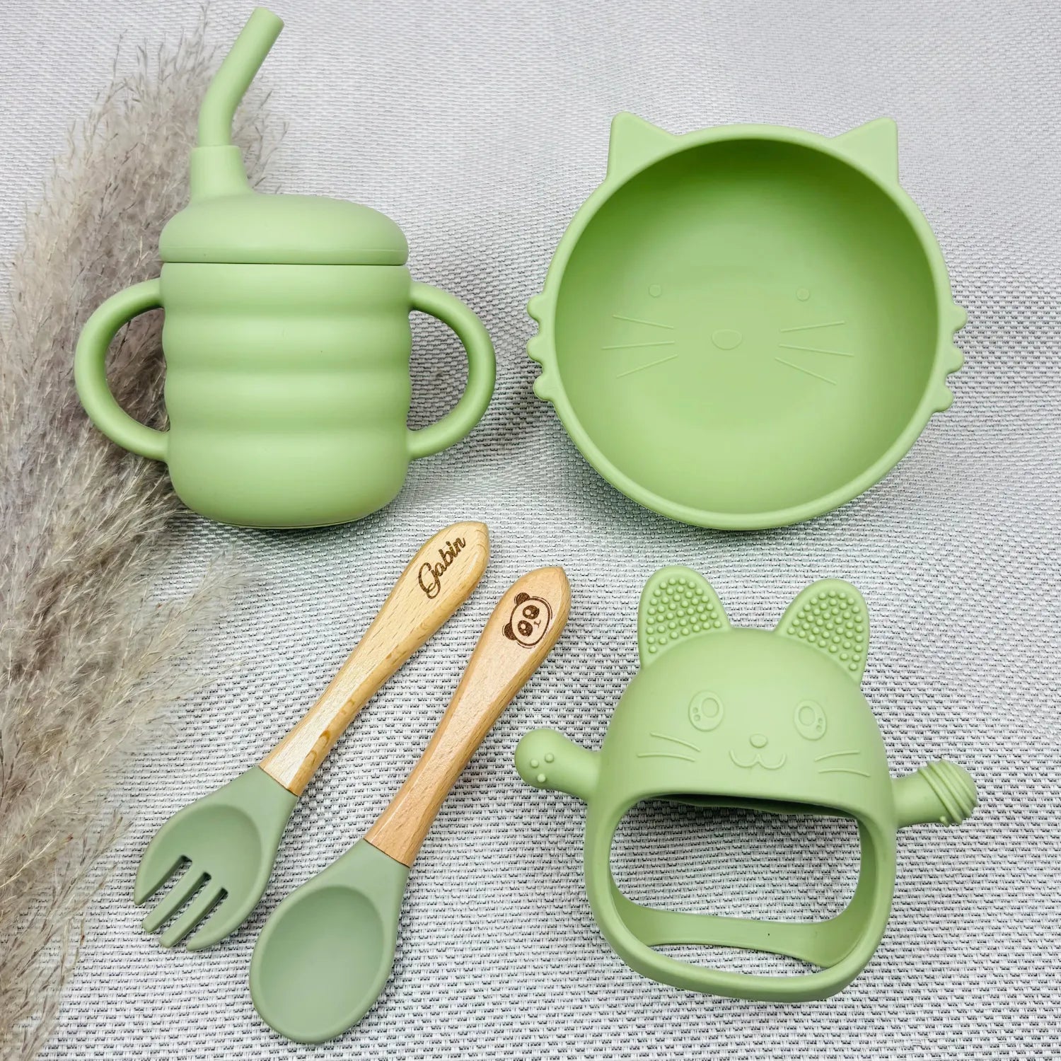 Baby-Crea Coffret repas bébé set repas chat personnalisé vert olive silicone