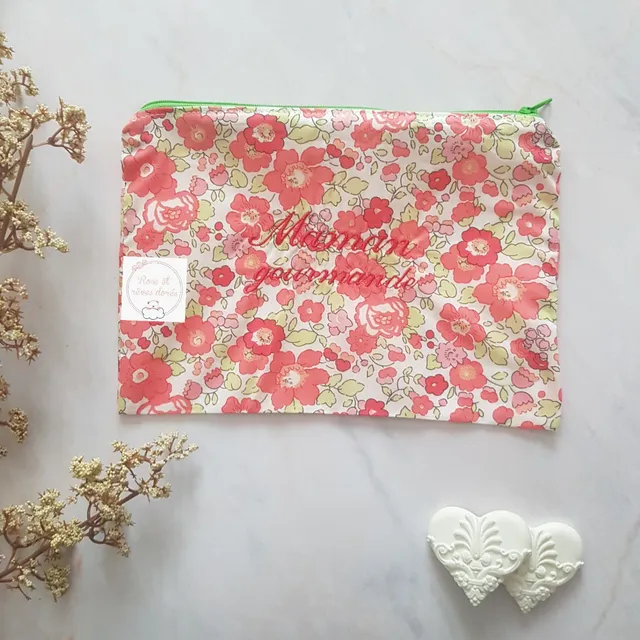 Rose et rêves dorés Pochette Maman gourmande en coton brodé