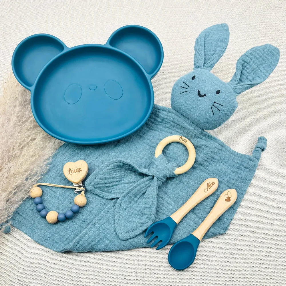 Baby-Crea Coffret repas bébé Assiette ourson et accessoires gravés vert olive