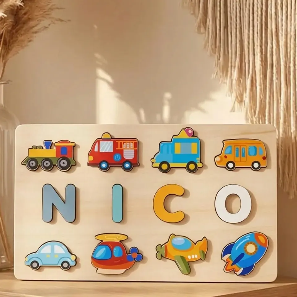 Baby-Crea Puzzle bébé en bois personnalisé puzzle prénom véhicules