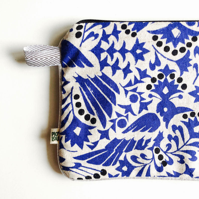 PIOLOU La Pochette pochette fleurie oiseau bleu turquoise PM