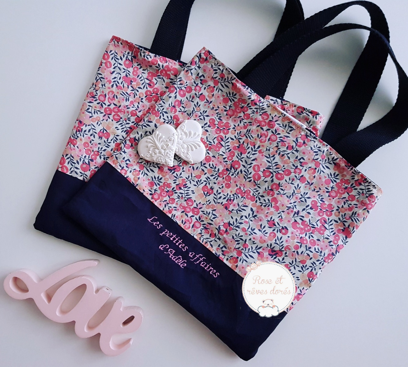 Rose et rêves dorés Créations sur-mesure P’tits tote bags enfants personnalisés sac réversible