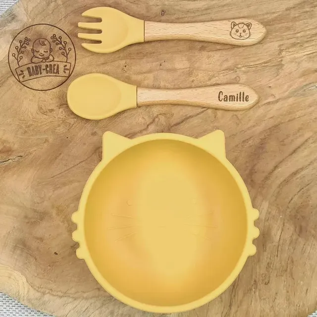 Baby-Crea Coffret repas bébé bol chat bleu marine avec couverts personnalisés
