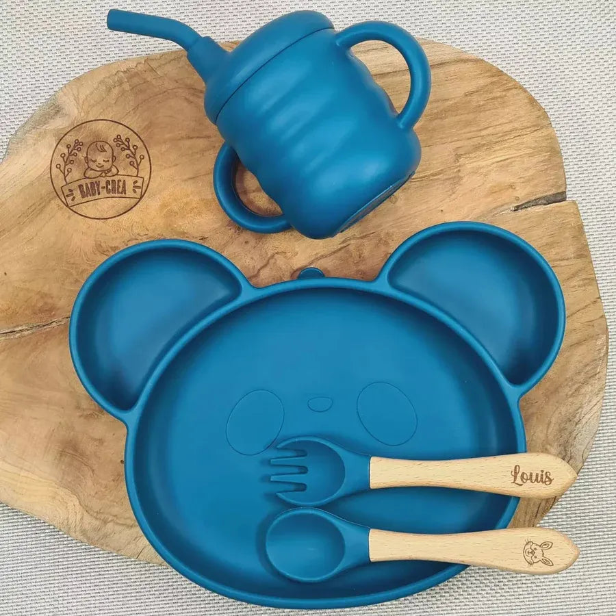 Baby-Crea Coffret repas bébé Coffret Repas Bébé Personnalisé Assiette Panda bleu marine